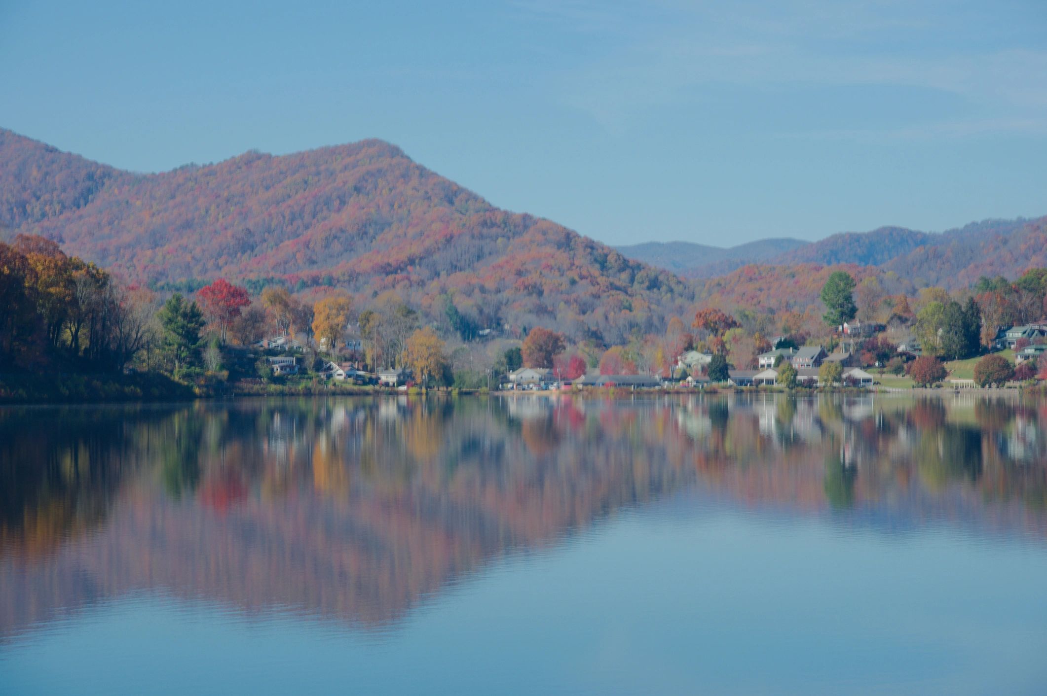 Mountain town homes in Western North Carolina near a calm lake